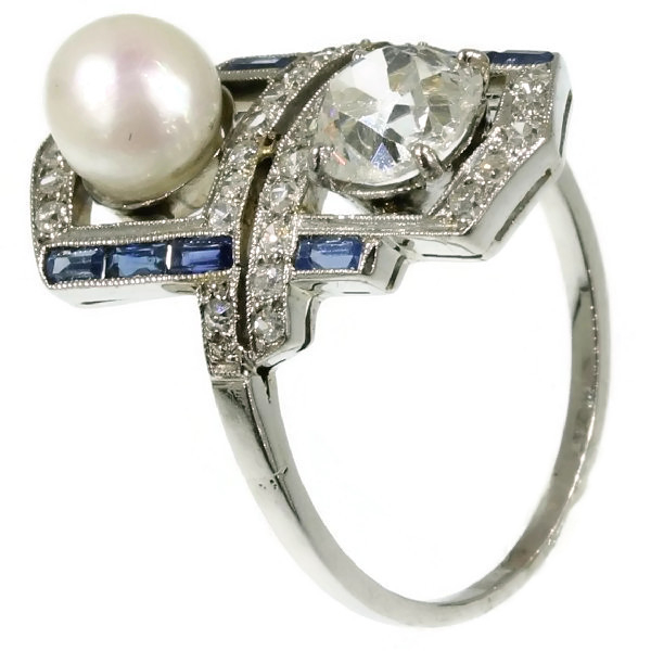 Art Deco pearl diamond engagement ring sapphire (image 3 of 14)